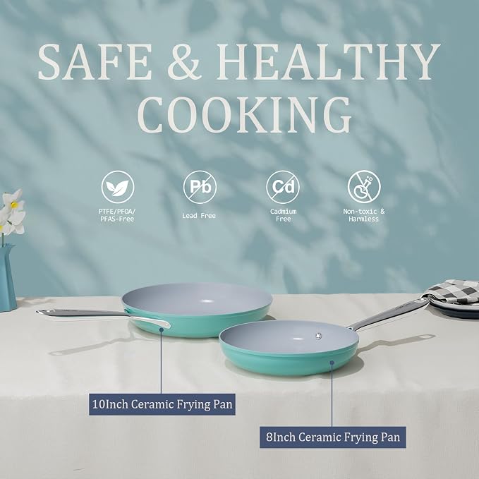 CookinCraze Premium Ceramic Frying Pan, 10 Inch Nonstick Skillet | for Healthy Cooking, PFAS & PTFE Free, Induction Compatible, Oven Safe up to 500°F, Stay-Cool SS Handle, Caribbean Blue