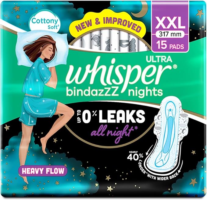 Whisper Ultra Night Sanitary Pads for Women, XL+ 15 Napkins