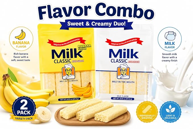 Milk Classic Korean Rice Snack Variety Pack, Banana & Milk Flavor, Non-Fried Crispy Puff Snack, Individually Wrapped Soft Rice Treats, Light Sweet Snack, 8.53oz Each (2 Pack)