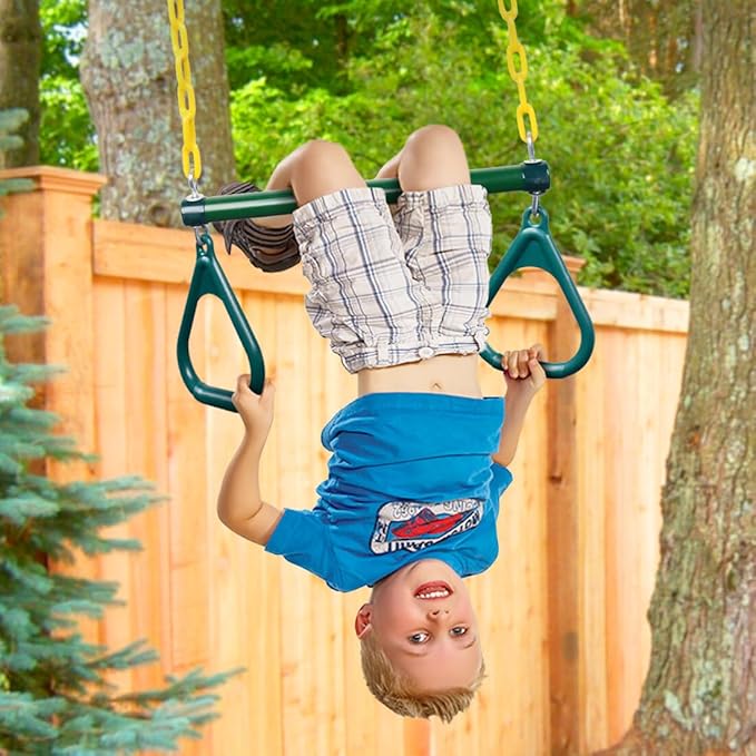 LadyRosian Gym Rings Trapeze Swing Bar 16", Heavy Duty 47" Chain Swing Set Accessories with Locking Carabiners, Monkey Bars for Backyard, Playground, Playroom