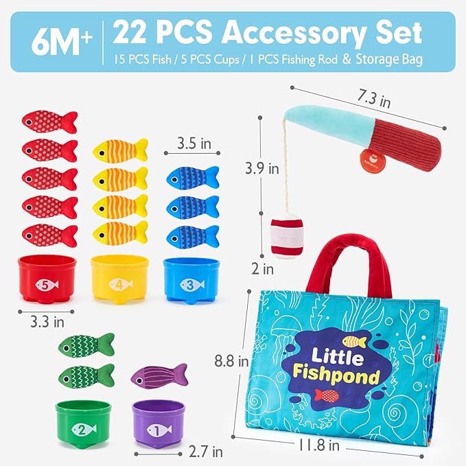 hahaland Montessori Toys for 1 Year Old Boy Girl Birthday Gift - 10 in 1 Cloth Fishing Game Valentines Day Gifts for Toddler Toys 1-3 with Stacking Cups - Number Counting, Color Sorting Learning