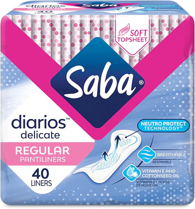 SABA Diarios Regular Delicate Pantiliners, Unscented, Breathable & Comfortable for Everyday Freshness, 4-Pack of 40 Pads (160 Count)