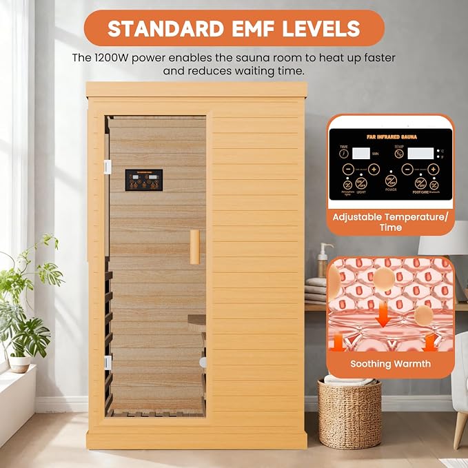 OUTEXER Far Infrared Sauna Home Sauna Spa Room Canadian Hemlock Wood 1200W Indoor Saunas Low EMF 110V with 7 Color Light and Tempered Glass Door, Room: 35.2 * 27.6 * 61.6Inch