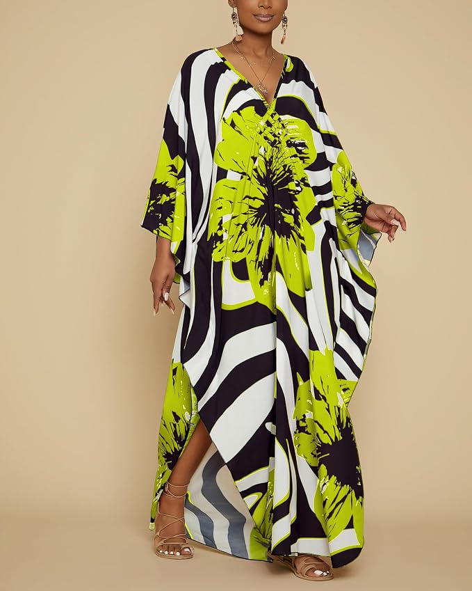 Bsubseach Kaftan Dresses for Women Floral Print Plus Size Beach Cover Up | Lightweight V Neck Loose Fit Boho Dress, Batwing Sleeve Side Slit, Moo Moos for Women Home Loungwear Cruise Resort Wear