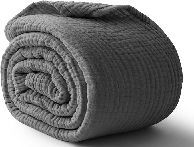 100% Cotton Muslin Blanket Twin 60" x 80", Breathable and Lightweight Cotton Twin Blankets for Couch, Soft Cooling Summer Gauze Blanket for Adults All Season, Dark Grey