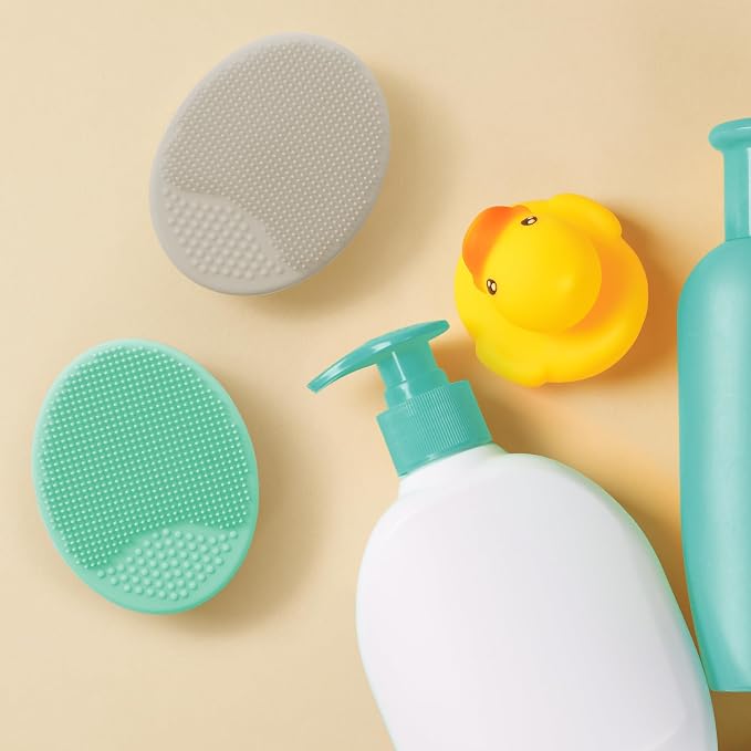 S&T INC. Exfoliating and Massaging Cradle Cap Bath Brushes for Baby, Silicone - 2 Inch x 2.5 Inch, Grey and Teal, 2 Pack