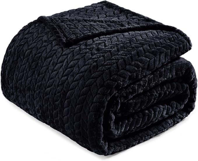 Exclusivo Mezcla Soft Fleece Bed Blanket Queen Size, 90”x90”, Black | Cozy Fluffy Lightweight Blankets for Summer, Decorative Plush Flannel Throws for Living room, Bedroom with Leaves Pattern