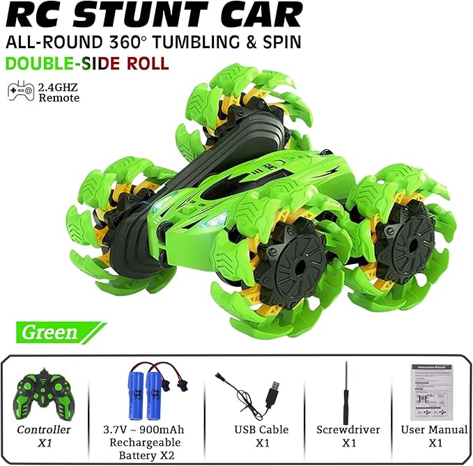 Remote Control Car, New Upgraded Double-Sided 360° Rotating RC Toy Cars with LED Headlights, 2.4GHz Rechargeable Electric Race Stunt Car with 4WD, Best Gift for 6-12 Year Old Boys and Girls (Green)