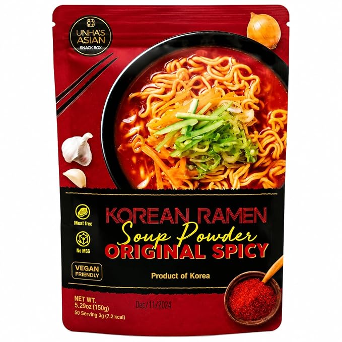Unha's Korean Spicy Ramen Seasoning Powder, Vegan, 5.29 oz | korean spicy ramen seasoning, vegan soup powder, 5.29 oz pouch, hot broth, noodles udon rice hot pot