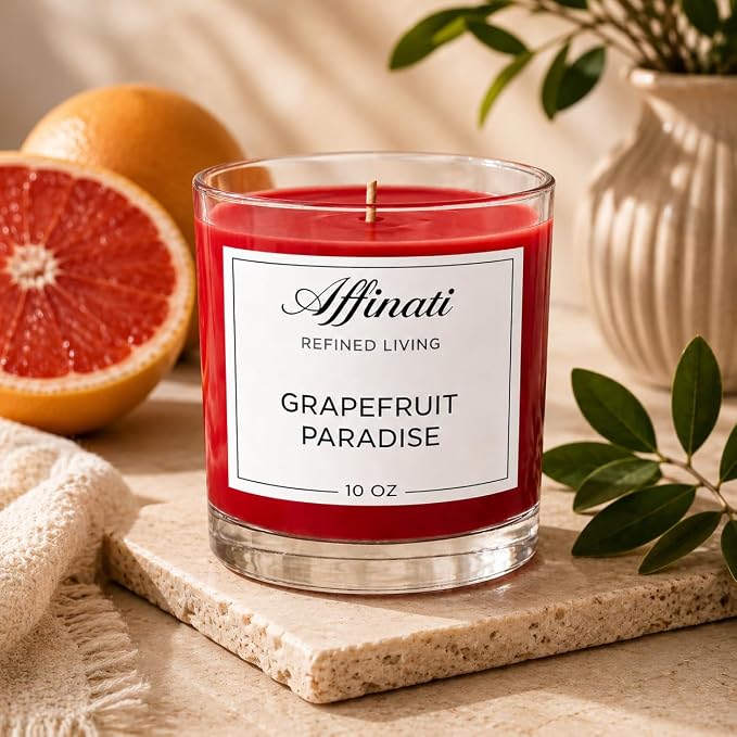 Grapefruit Paradise Affinati 10 oz Scented Candle for Home – Long Lasting Fruity Soy Blend Candle with Wooden Wick, Strong Scent Throw Glass Jar Candles, Premium Clean Burning Aromatherapy Gifts