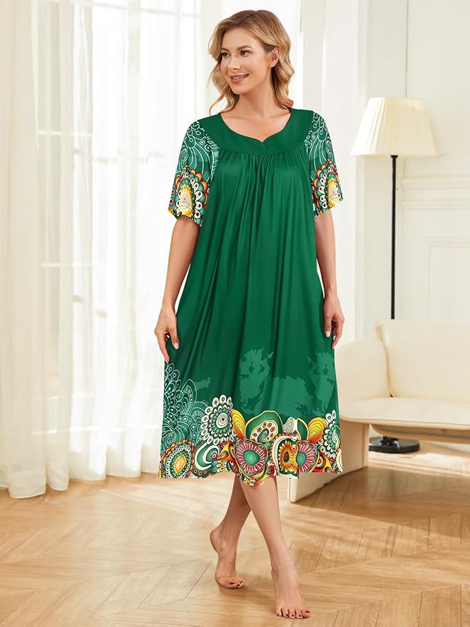 House Dresses for Women with Pockets Moo Moo Nightgown Short Sleeve Mumu Dress Lounge Dress S-3XL