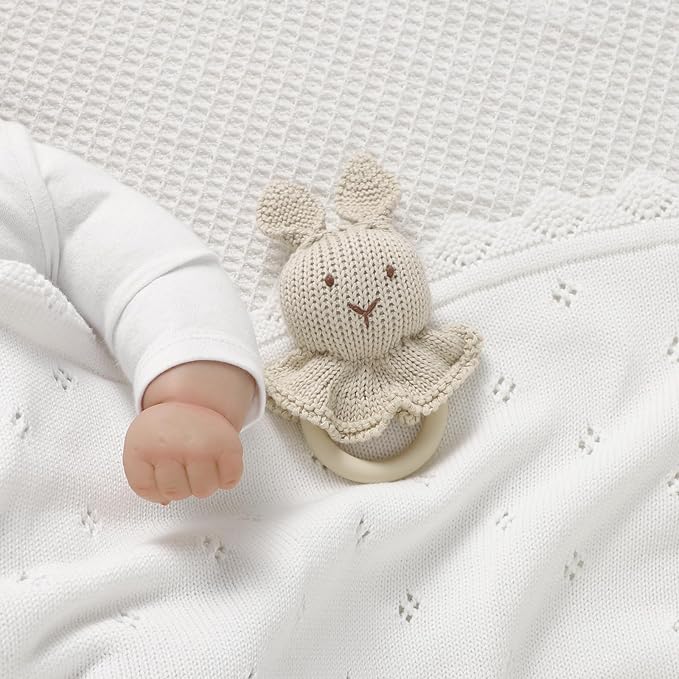 mimixiong Cotton Baby Blanket Knitted Crochet Receiving Crib Nursery Swaddling Blankets for Newborn Baby Boy Girl with The Bunny Rattle (Snow White)