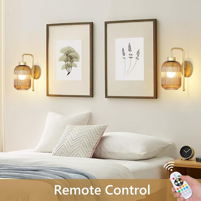 LAMSU Vintage Gold Wireless Wall Sconces Battery Operated, Rechargeable Wall Lights Set of 2 with Amber Stripe Glass Shade, Remote and Bulb, Cordless Sconces Wall Decor for Bedroom Living Room