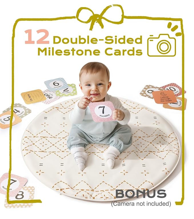 Tummy Time Activity Mat, Macrame Baby Play Gym Mat with 6 Detachable Toys and 12 Milestone Cards for Stage-Based Sensory and Motor Skill Development, Washable Play Mats for Infant, Non Slip Play Mat