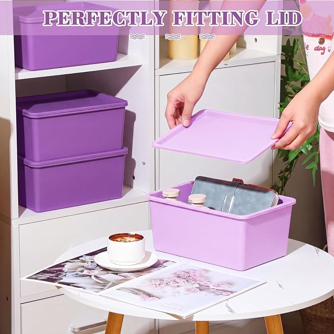 4 Pcs Storage Bins with Lids Plastic Stackable Containers for Classroom Room Organizing Shelves Christmas Ornament Box Baskets(Dark Purple, Light Purple,Small)