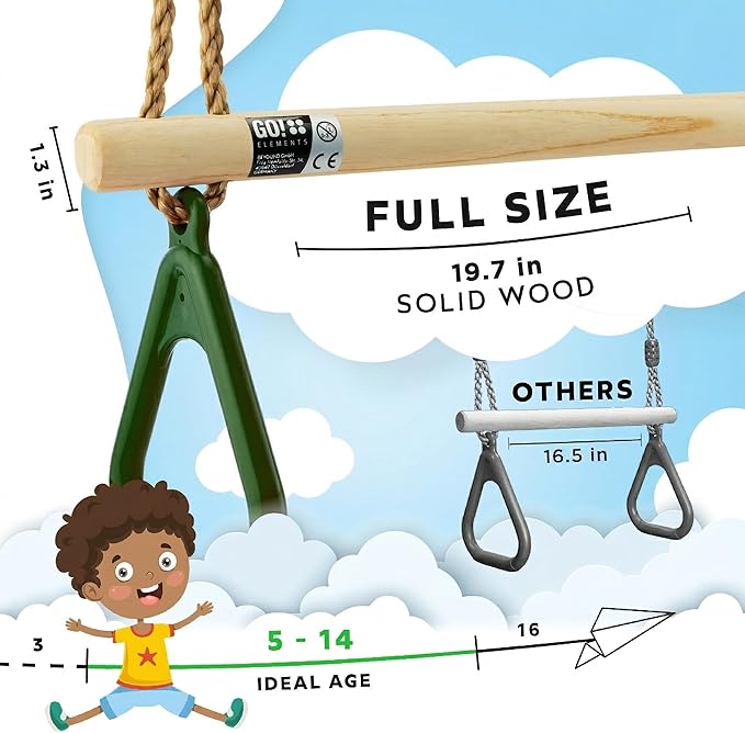 Trapeze Swing Bar for Kids Indoor & Outdoor | Adjustable Trapeze Bar with Rings for Swing Set | Hanging Gymnastics Bar for Monkey Bars, Ninja Course & Play Set