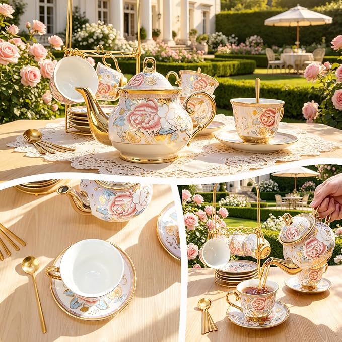 CHANJOON Gold Plated Red Rose Ceramic Tea Set, Vintage Tea Sets with Teapot, Beautiful Tea Set Coffee Serving 6 People (Purple, X Large)