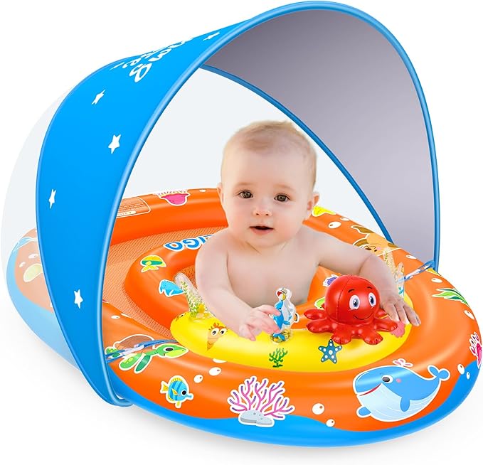 EZIGO Baby Pool Float with Canopy UPF 50+ Sun Protection, Double Air Chambers Infants Swimming Floats with Sound Toys Adjustable Safety Seat Toddler Float for Boys and Girls 6-36 Months
