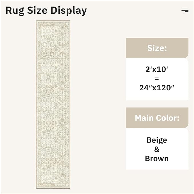Soalmost Runner Rug 2x10 Washable Hallway Kitchen Runners Beige/Brown | Non-Slip Vintage Rugs for Bathroom Laundry Room, Soft Low Pile Foldable Floor Carpet Mat for Entryway Corridor Bedroom