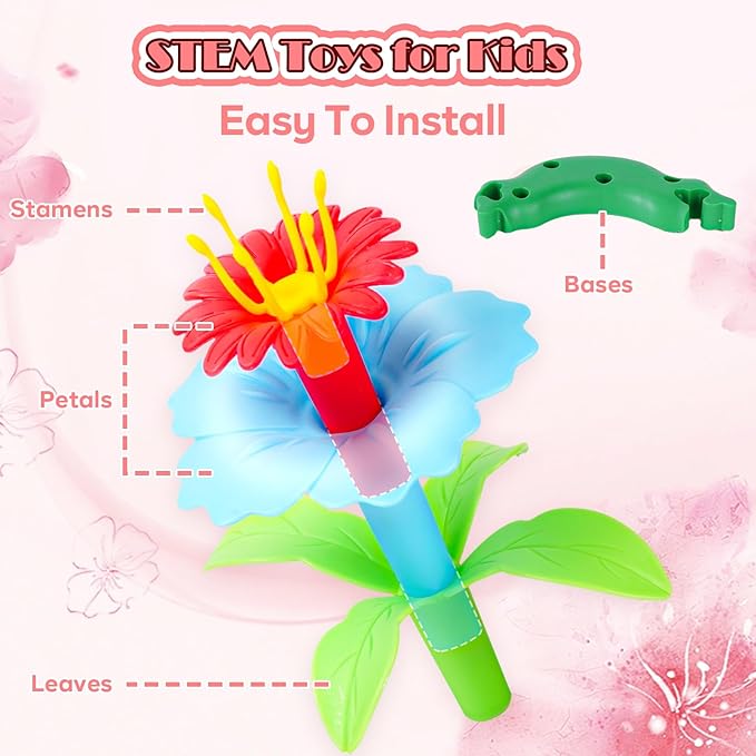 FUNZBO Flower Garden Building Toys Set - Birthday Gifts for Age 2 3 4 5 6 Years Old Girl, STEM Montessori Educational Toy for Toddler Kid, Sorting & Stacking Spring Gardening Set for Birathday Gift