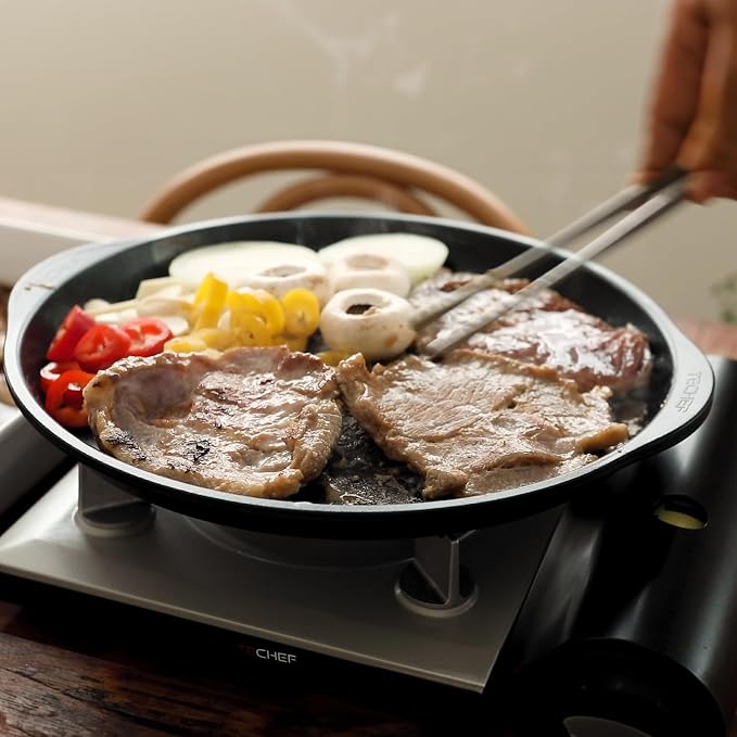 TECHEF - Stovetop Korean BBQ Non-Stick Grill Pan with Agni Portable Gas Stove Burner, Made in Korea (Essential KBBQ Set)