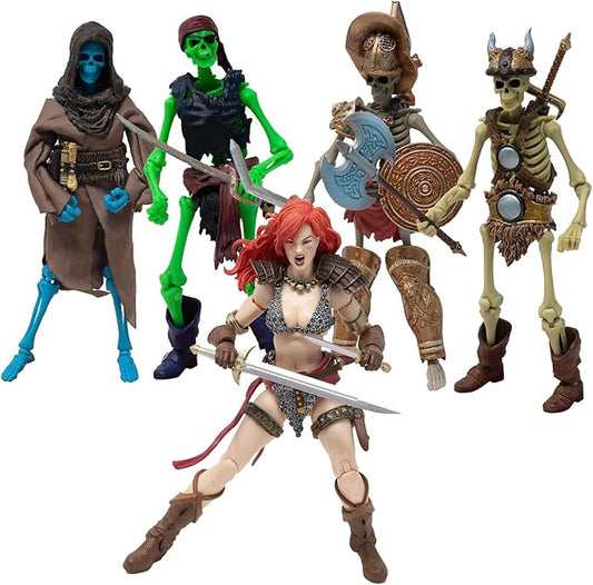 Boss Fight Studio Epic H.A.C.K.S. Red Sonja Deluxe Action Figure with Grim Spectre, Pirate, Gladiator, and Barbarian Skeletons, Set of 5 Highly Articulated Figurines, Interchangeable Accessories, 1:12