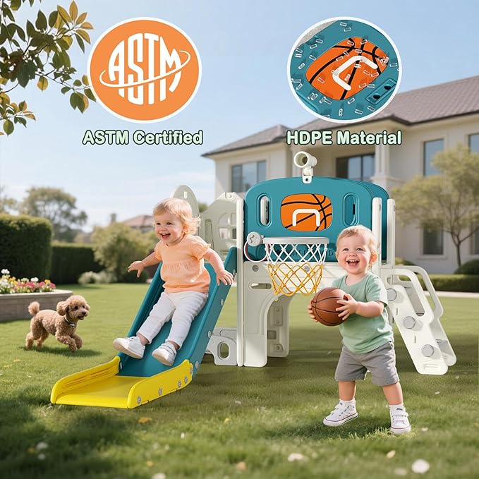 BIERUM 9 in 1 Toddler Slide Set - Baby Slide for Toddlers 1-3 with Ring Toss and Basketball Hoop, Indoor Outdoor Toddler Playset Playground Blue Yellow