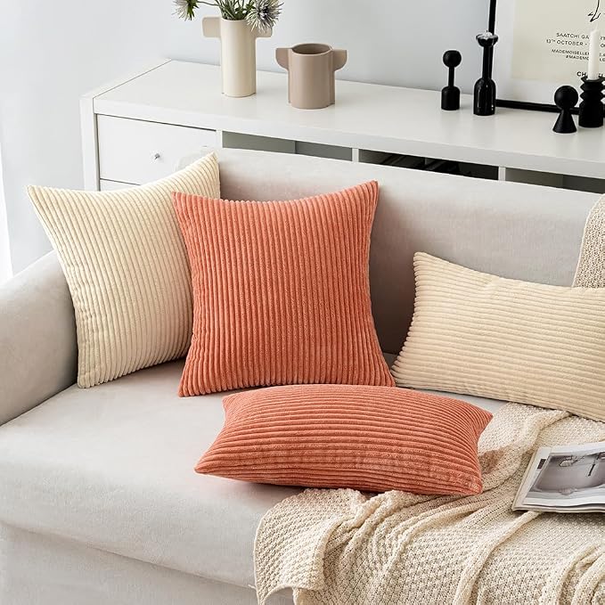 MIULEE Lumbar Corduroy Throw Pillow Covers Set of 2 12x20 Coral Red | Decorative Soft Striped Textured Cushion Cases, Lovely Cute Pillowcases for Home Decor, for Couch Chair Sofa Bed Living Room