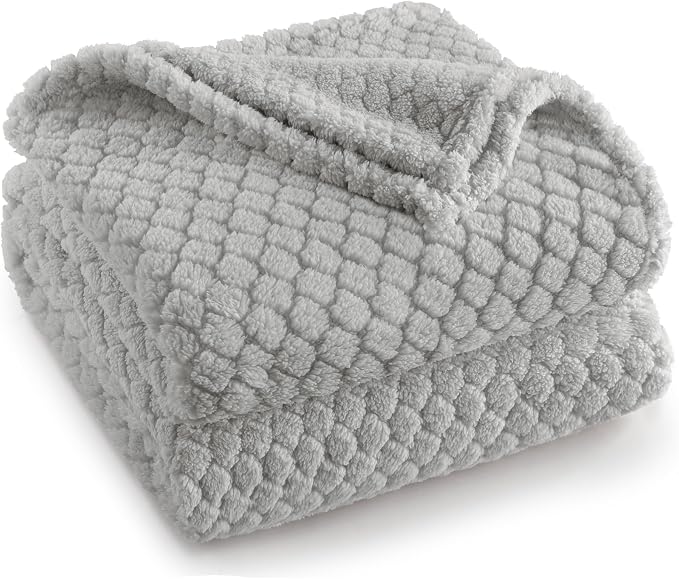 Exclusivo Mezcla Soft Fleece Throw Blanket for Couch, Light Grey | Jacquard Lightweight Cozy Throws for Bed, Sofa, Breathable Decorative Fuzzy Textured All Season Use, 50x60 Inches