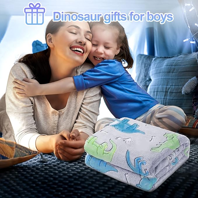 Personalized Dinosaur Glow in The Dark Kids Throw Blanket, 30"x40", Multicolor