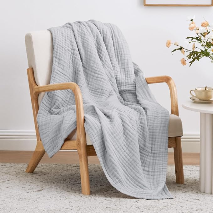 Love's cabin 100% Cotton Muslin Blanket, 6 Layer Lightweight Breathable Gauze Large Throw Blanket 50 x 70 Inches, Soft Cooling All Season Blanket for Couch or Sofa, Light Grey