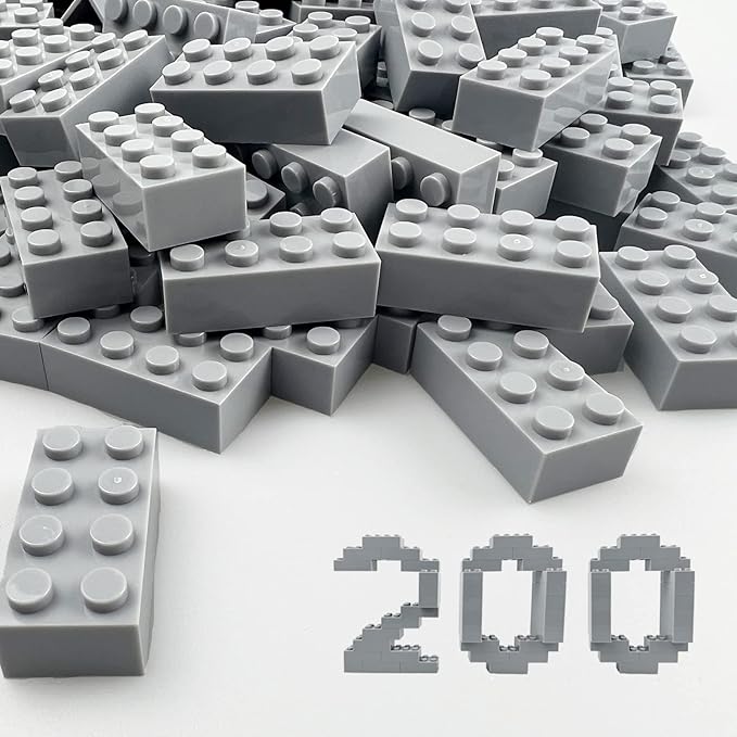 200 Piece Classic Building Bricks, 2x4 Building Blocks STEM Creative Build Toys, 100% Compatible with All Major Brands, MOC Bulk Bricks DIY Play Set for Kids Age 6+(Light Grey)