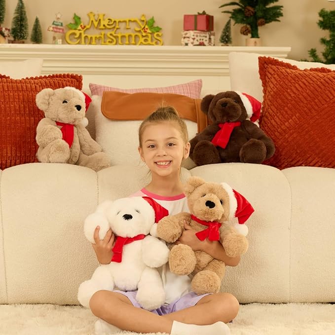 MorisMos Teddy Bear Stuffed Animal, 14'' Christmas Teddy Bear 2025 with Santa Hat & Scarf, 180° Joints Posed Plush Toy, Soft Stuffed Christmas Toys for Kid Girl Boy Max Decoration Birthday Gift, Tan