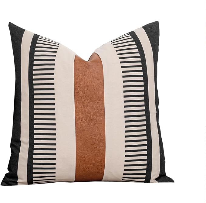 18x18 Inch Pillow Cover - Brown Faux Leather & Black White Striped Cotton Splicing, Same Pattern Both Sides | for Couch Sofa Bed, Farmhouse Industrial Decor