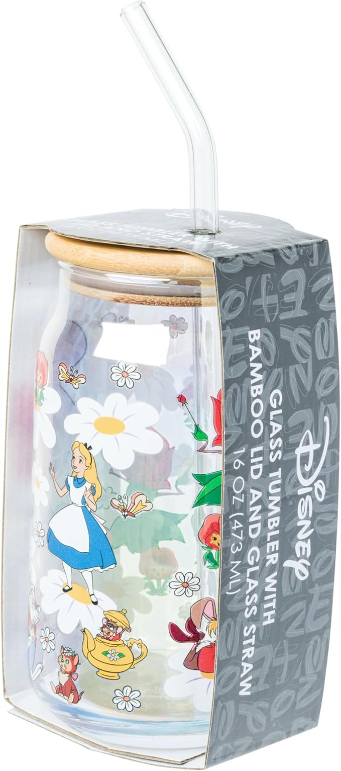 Silver Buffalo Disney Alice in Wonderland Wild Flower Glass Tumbler with Bamboo Lid and Glass Straw Featuring Alice, White Rabbit, Cheshire Cat, Dinah, Dormouse, and March Hare, 16 Ounces