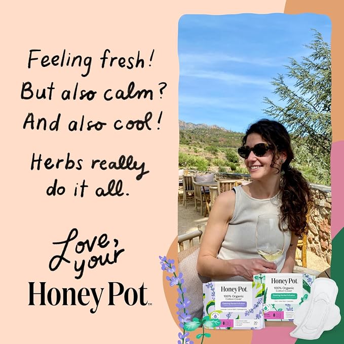 Honey Pot - Calming Herbal Regular Sanitary Pads for Women - 100% Organic Cotton Top Sheet - Feminine Care - Non Cooling - Calming Herbs of Lavender, Ashwagandha, & Lemon Balm - 20ct