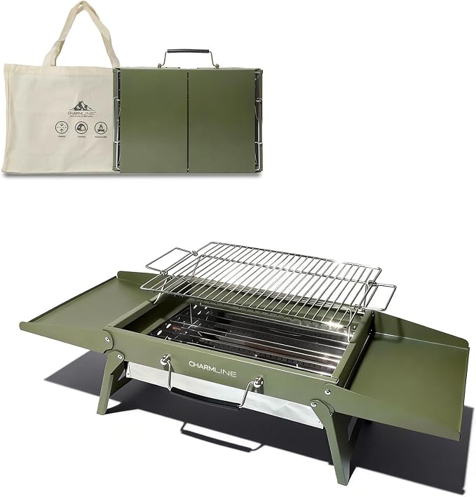 Charmline 15 x 11 inches Portable Charcoal BBQ Grill, Foldable Compact Camping Barbecue for 2–4 People, Ideal for Garden, Beach, Picnic & Tabletop Use, Green