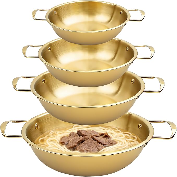 4-Piece Korean Ramen Pot for Stove, Stainless Steel Korean Noodle Pot with Handles, Golden Soup Pots & Cooking Pots for Home & Outdoor Use (Inner Diameter 7.7", 8.5", 9", 10")