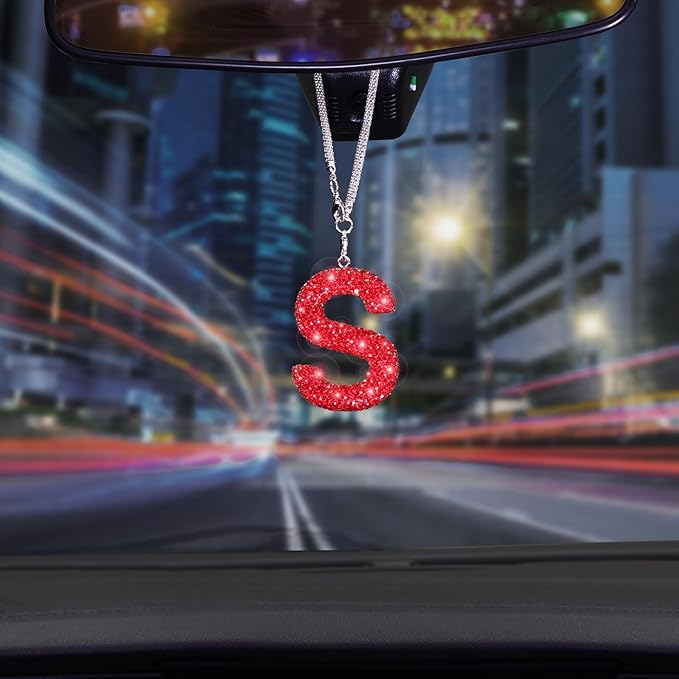 Bling Car Mirror Hanging Accessories - Letter S, Crystal Rhinestone Diamond Rear View Mirror Hanging, Cute Lucky Girl Car Accessories (Red)