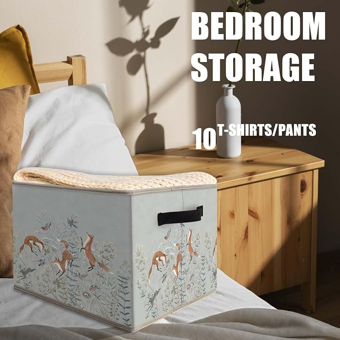 Forest Animal Fox Rabbit Storage Bins Basket, Fox Lover Gifts, Cottagecore Botanical Floral Bird Collapsible Fabric Storage Box Organizer Toybox for Bedroom Bathroom Clothes Books Toys