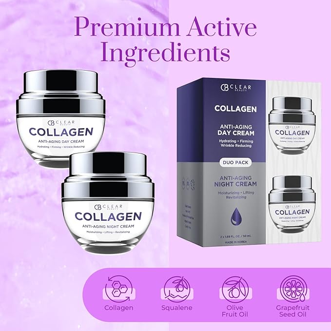 Clear Beauty Collagen Day & Night Face Moisturizer - Dermatologist Tested, Anti Aging Korean Skin Care - Plumping Hydration, Elasticity Support, Silky Finish - Vegan, Clean Beauty - Duo Pack