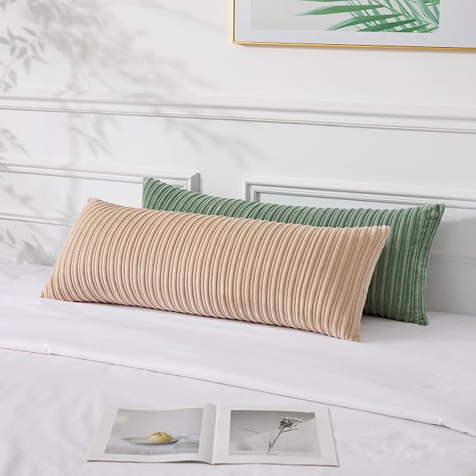 UGASA 14x36 Inch Pillow Cover Pack of 1 Soft Boho Stripe Corduroy Large Long Rectangular Lumbar Cushion Cover Farmhouse Decorative Throw Pillowcase for Bed, Couch, Sofa, Bedroom, Living Room, Beige