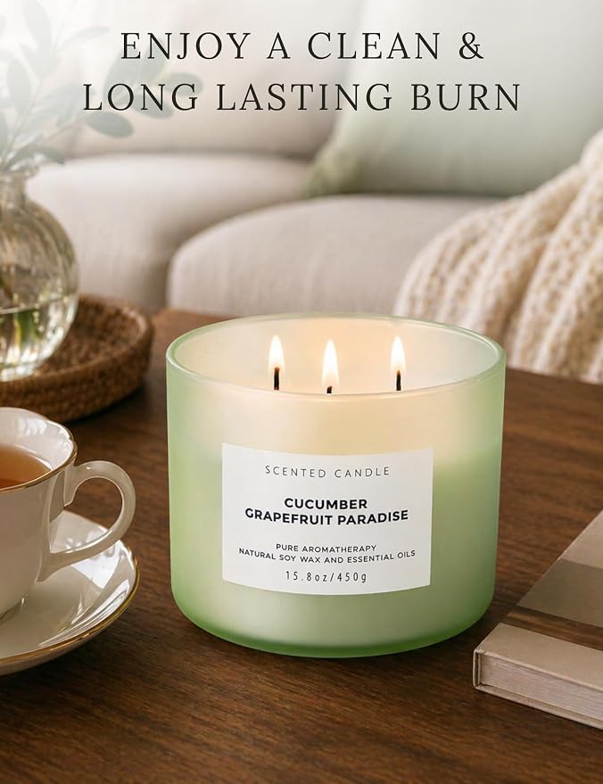 Cucumber Grapefruit Melon 3-Wick Soy Summer Scented Candle for Home 15.8oz | Citrus, Apple & Green Notes, Crisp & Fresh, Clean Burn, Large Scented Candles for Bedroom, Bathroom & Spa, Gift for Women