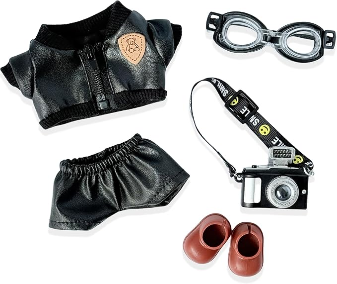 5-Piece Clothes for 17cm Popular Dolls, Fashion Doll Outfit Accessories Set-Leather Coat + Leather Pants + Swimming Goggles + Camera + Shoes