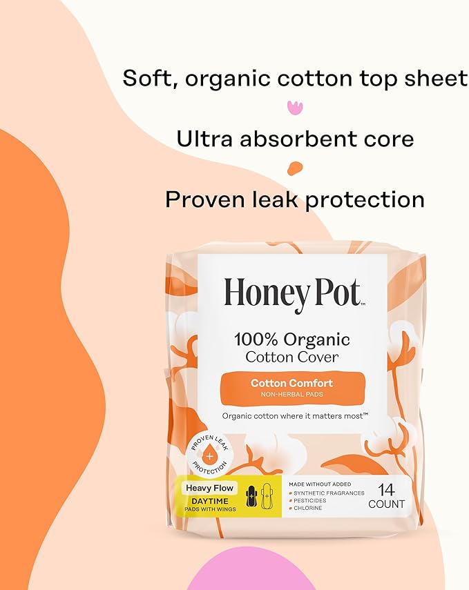 The Honey Pot Company - Sanitary Pads for Women - Non-Herbal Heavy Flow Daytime w/Wings - Organic Cotton Cover & Ultra-Absorbent Core - Feminine Care - 14 ct