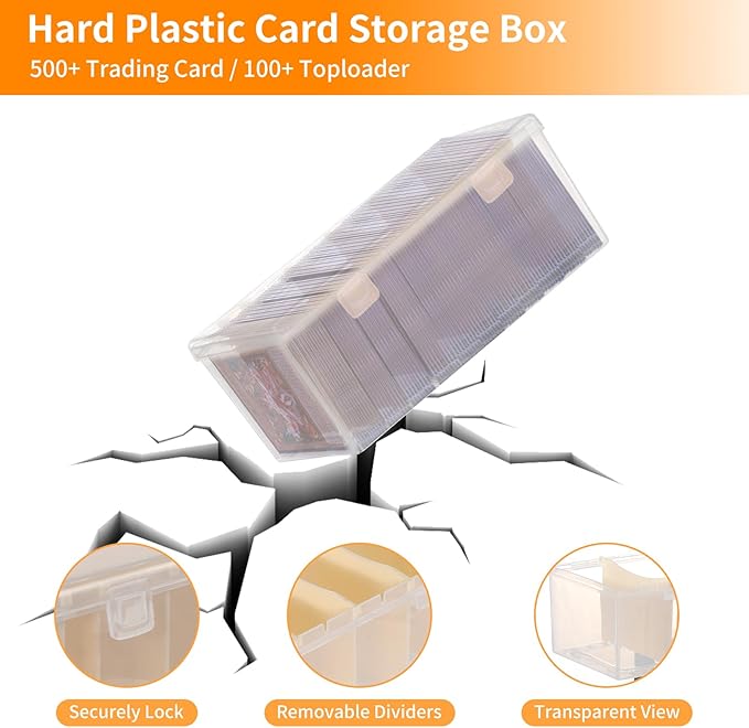 Trading Card Storage Box with 6 Dividers,Toploads Storage Box Plastic Baseball Card Storage Box for 500+ Sports Cards 100+ Top Loads for MTG Magic TCG Yugioh Playing Card Case Holder (1 Pack)