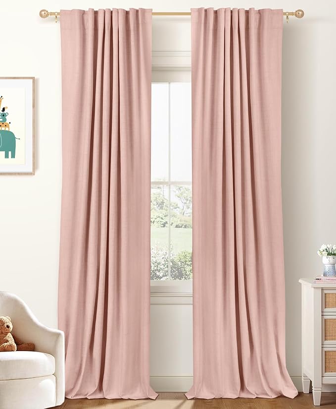 100% Blackout Shield Linen Blackout Curtains for Bedroom 90 Inches Long, Back Tab/Rod Pocket Living Room Drapes, Thermal Insulated Blackout Curtains 2 Panels Set, 42" W x 90" L, Blush Pink