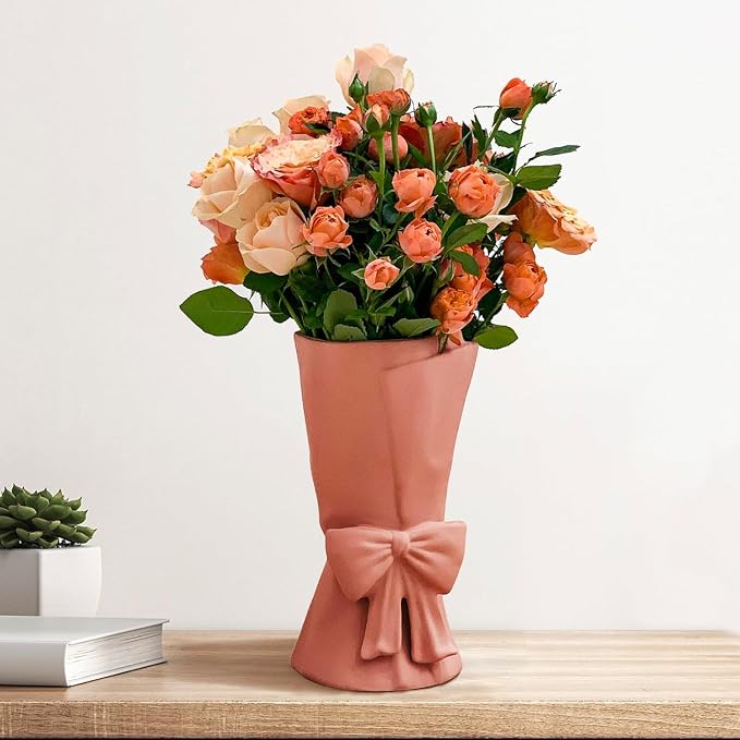 Relexome Pink Ceramic Bow Vase 9.64 in Unique Cute Modern Decorative Bouquet Flower Vases for Home Living Room Table Decor Women Girl Gifts
