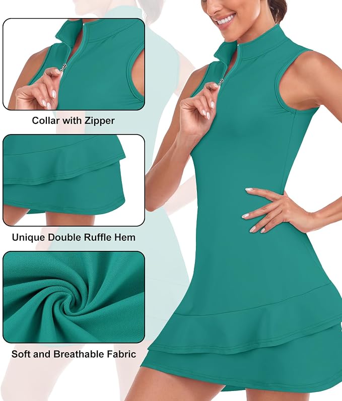 Viracy Tennis Dress for Women Sleeveless Golf Dresses with Shorts and Pockets Ruffle Zip Up Stand Collar Golf Outfits