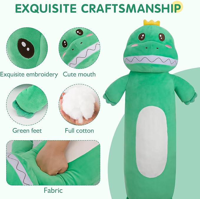 22'' Long Dinosaur Plush Body Pillow, Cute Green Dinosaur Stuffed Animals, Soft Body Pillow Dinosaur Squishy Plushies Toy, Gifts for Kids Boys Girls, Birthdays